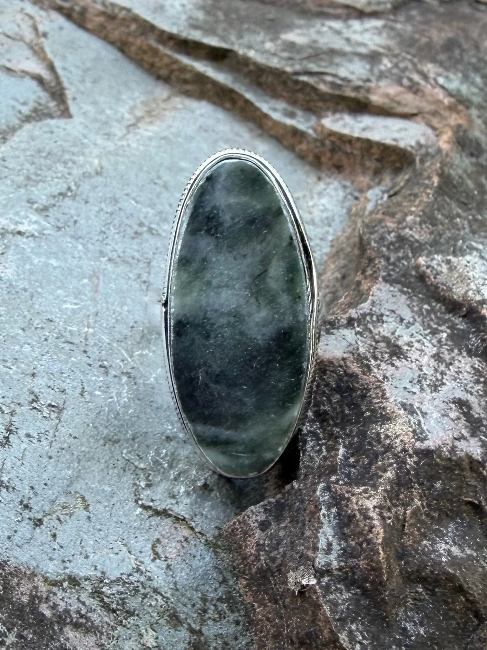 Genuine Moss Agate Green Stone Silver Ring 5.5